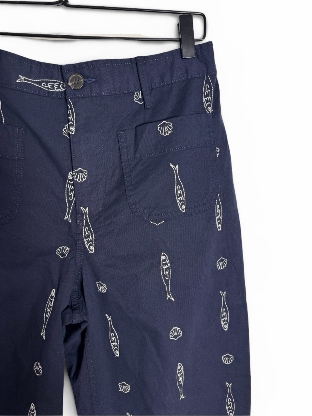 Free Assembly Navy Fish Seashells Embroidered Wide Leg Cropped Pants Small 4-6